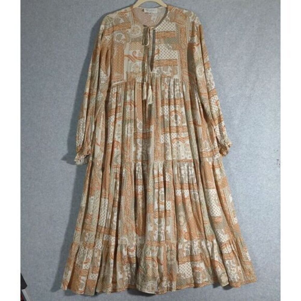 Boho Prairie Tiered Maxi Dress Earthy Paisley M Balloon Sleeves Tassels Tiered